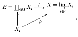 $\displaystyle
\diagram
E= \coprod_{i \in I} X_i \rto^f & X = \lim\limits_{\sta...
...row}{\scriptstyle i \in I}} X_i \\
X_i \uto \urto_{f_i} & \\
\enddiagram \,,
$