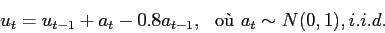 \begin{displaymath}
u_{t} = u_{t-1} + a_t - 0.8a_{t-1},  \mbox{o}  a_t \sim N(0,1), i.i.d.
\end{displaymath}