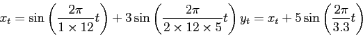 \begin{displaymath}
\displaystyle x_t = \sin\left (\frac{2\pi}{1\times 12}t\righ...
...displaystyle
y_t = x_t+5\sin\left (\frac{2\pi}{3.3}t\right )
\end{displaymath}