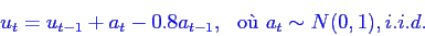 \begin{displaymath}\bgroup\color{blue}
u_{t} = u_{t-1} + a_t - 0.8a_{t-1},  \mbox{o}  a_t \sim N(0,1), i.i.d.
\egroup\end{displaymath}