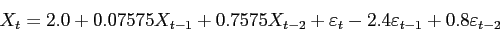 \begin{displaymath}
X_t = 2.0 + 0.07575X_{t-1}+0.7575X_{t-2} + \varepsilon _t
-2.4 \varepsilon _{t-1} + 0.8 \varepsilon _{t-2}
\end{displaymath}